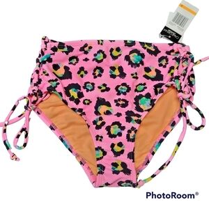 California Waves Pink And Green Animal Print Side Lace Bikini Swim Bottoms